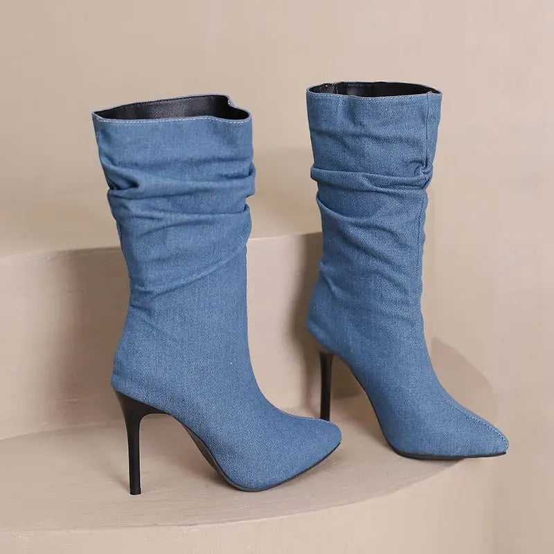 SIMLOVEYO Brand Women Mid Calf Boots Pointed Toe Stiletto 10CM Slip On Sexy Dating Female Booty 43 42 44 45 46 47 48 Black Blue