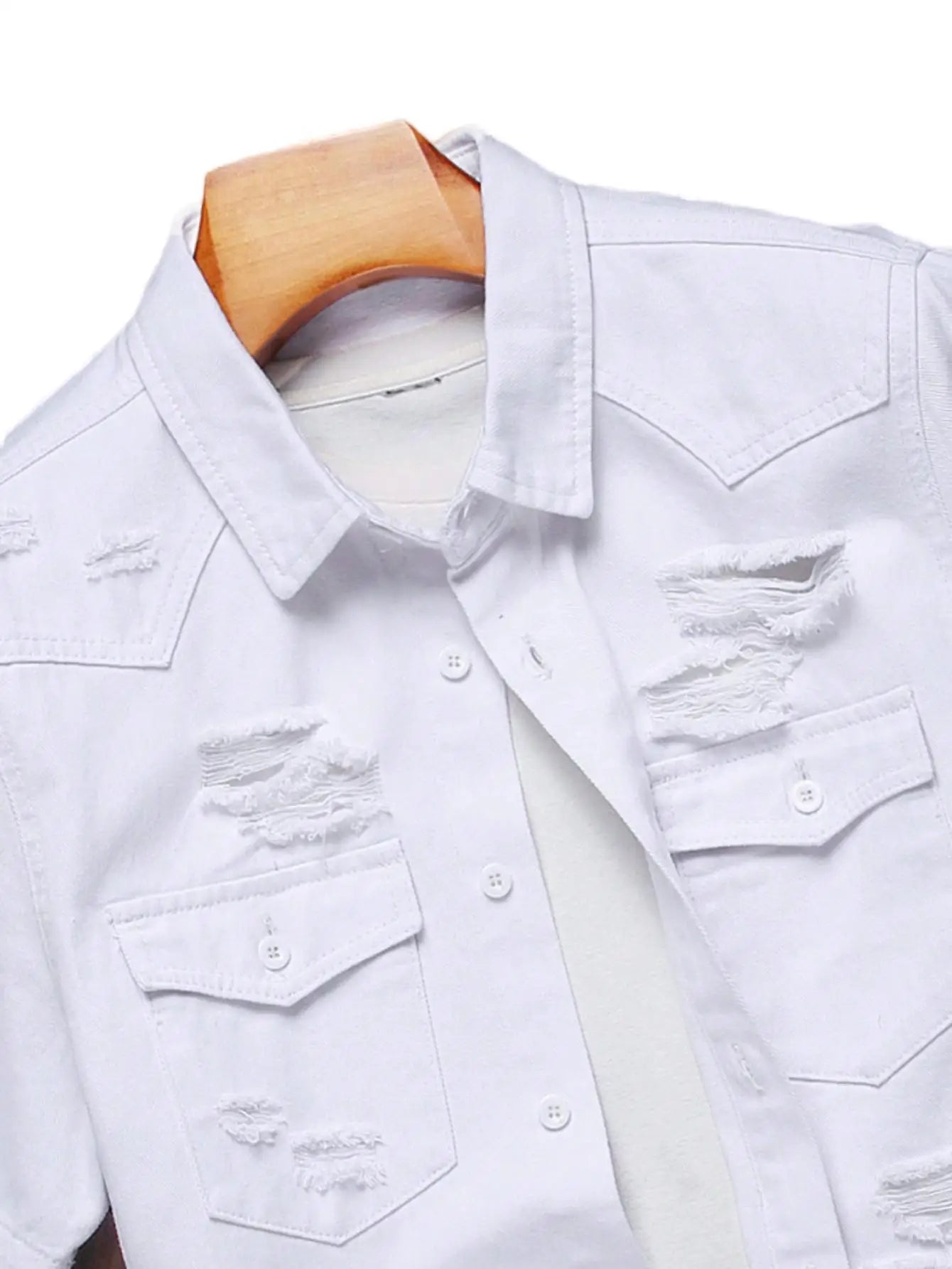 Men's white short - sleeved denim shirt with holes for summer. Suitable for daily casual wear, like going shopping.