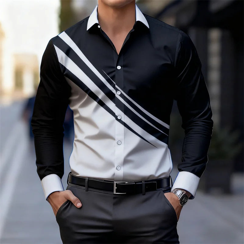 Men's color-blocked striped long-sleeved shirt, slim fit, stylish and unique business casual shirt, trendy new men's top, XS-6XL