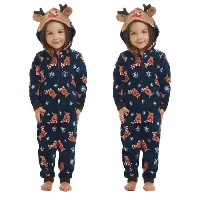 2025 Christmas Cartoon Deer Cute Family Matching Outfit Adults Kids Zipper Jumpsuit Elk Ear Hooded Romper Xmas Look Wear Pijamas