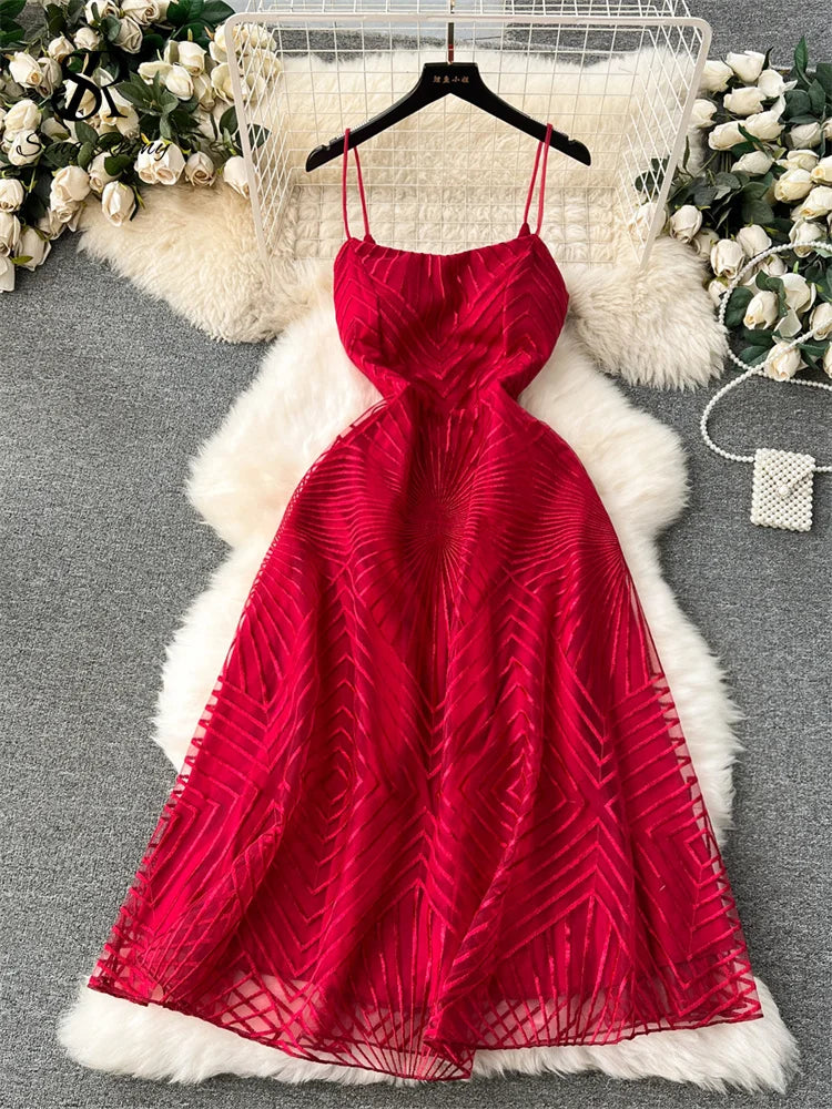 SINGREINY Fashion Temperament Long Dress Spaghetti Strap Sleeveless Design Female Solid Senior Embroidery Mesh Party Dress