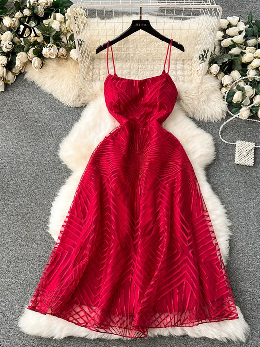 SINGREINY Fashion Temperament Long Dress Spaghetti Strap Sleeveless Design Female Solid Senior Embroidery Mesh Party Dress