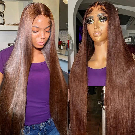 180 Density Straight Brown 13x4 HD Transparent Swiss Lace Brazilian Remy Hair Full Lace Frontal Wigs 100% Human Hair For Women