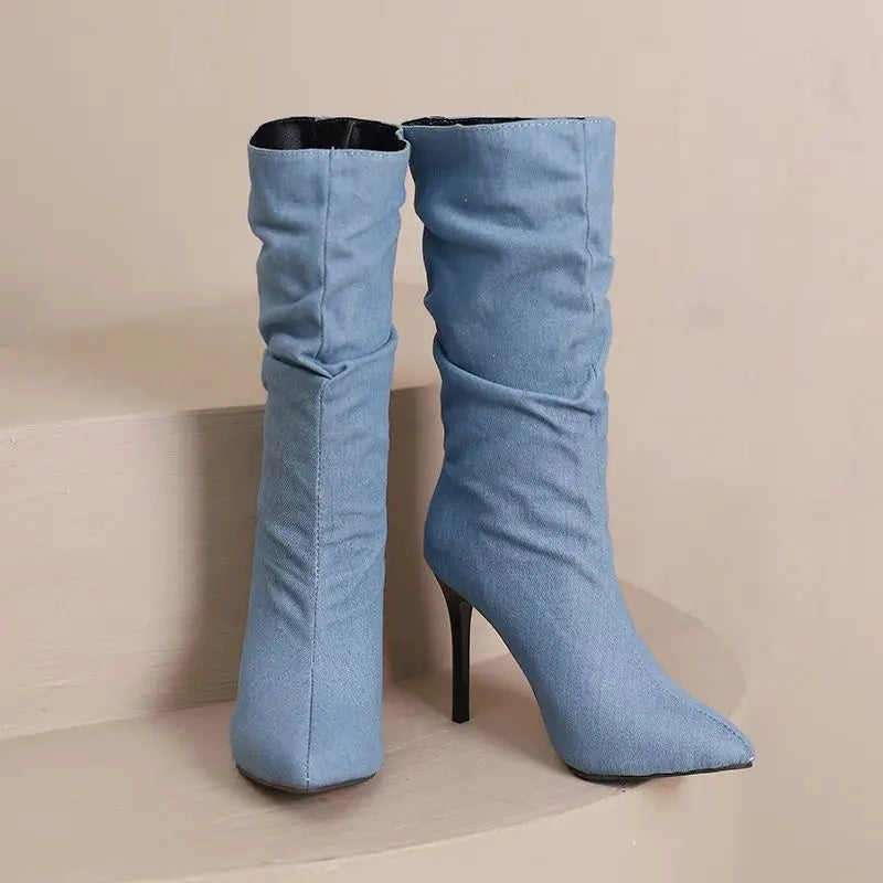 SIMLOVEYO Brand Women Mid Calf Boots Pointed Toe Stiletto 10CM Slip On Sexy Dating Female Booty 43 42 44 45 46 47 48 Black Blue