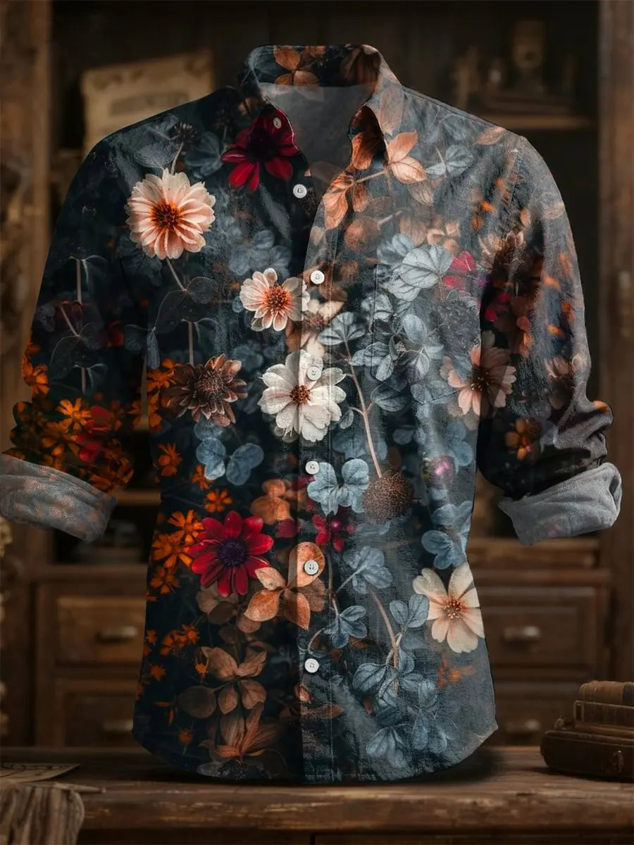 2025 Spring/Summer Men's Fashion Linen Long Sleeve Linen Shirt, Elegant Printing, Exquisite Flower Design