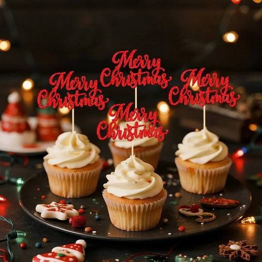 YOMDID 24Pcs Merry Christmas Cupcake Toppers for Christmas Cake Toppers Picks Xmas New Year Party Supplies Cake Decorations