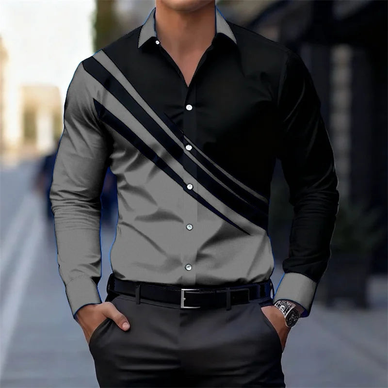 Men's color-blocked striped long-sleeved shirt, slim fit, stylish and unique business casual shirt, trendy new men's top, XS-6XL