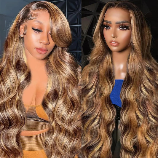 30Inch Highlight Body Wave Lace Front Wig Human Hair with Baby Hair 13x4 HD Transparent Lace Frontal Human Hair P4/27 Wigs