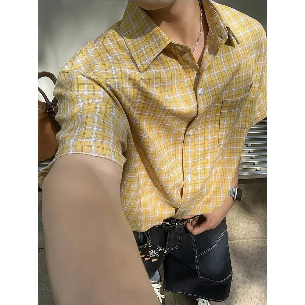 American Retro Plaid Shirt Men's Short Sleeve Summer Casual Trendy Ice Silk Men's High Fashion Brand Handsome Coat