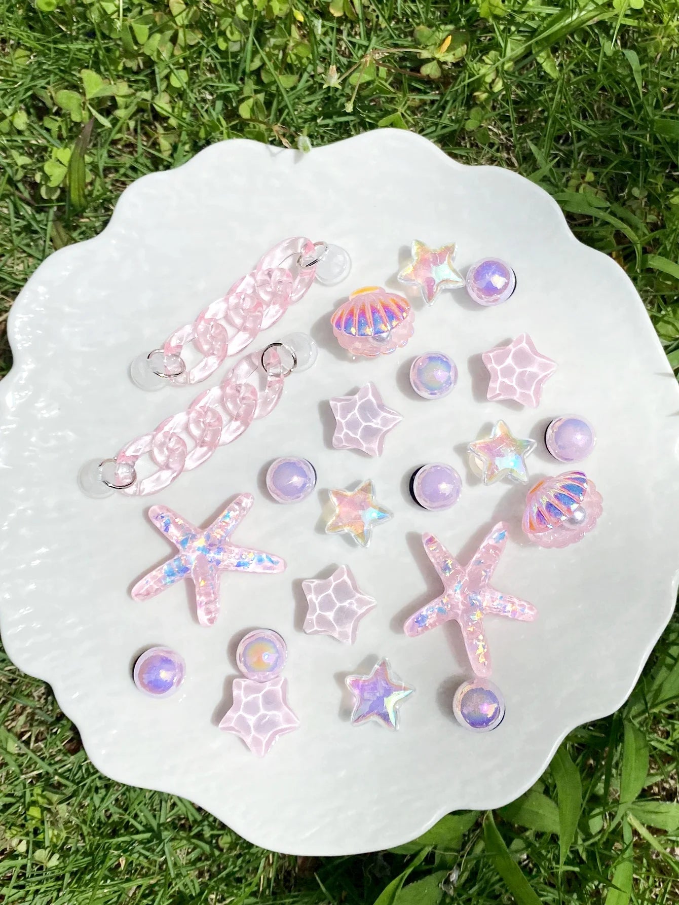22 pieces of pink chain, sequined starfish, ABS pearl shell, water ripple star shoe buckle DIY accessories, suitable for women's
