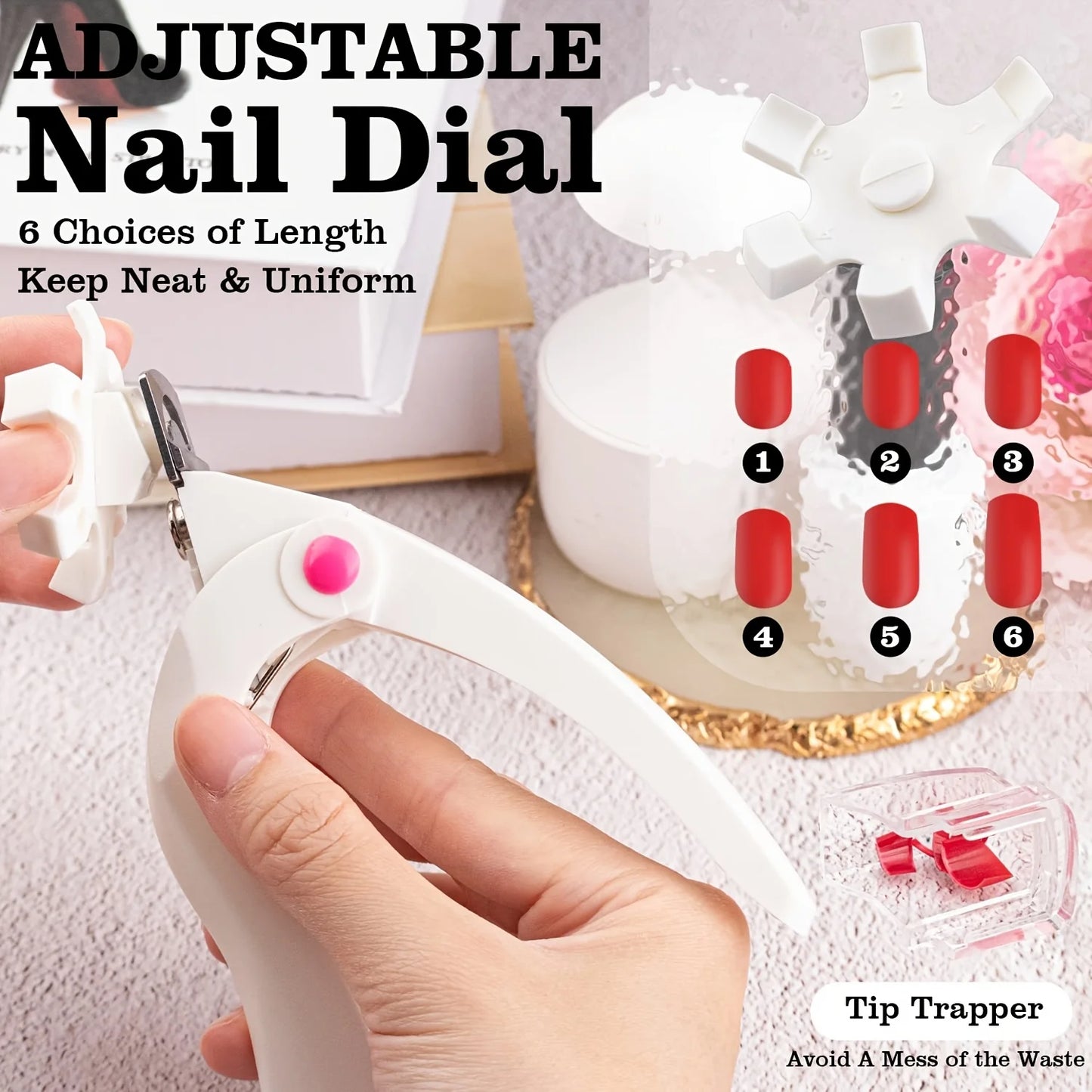 1pc Black Professional Dial Stainless Steel Blade Adjustable Acrylic Nail Clippers with Sizer, Catcher and Length Measurement