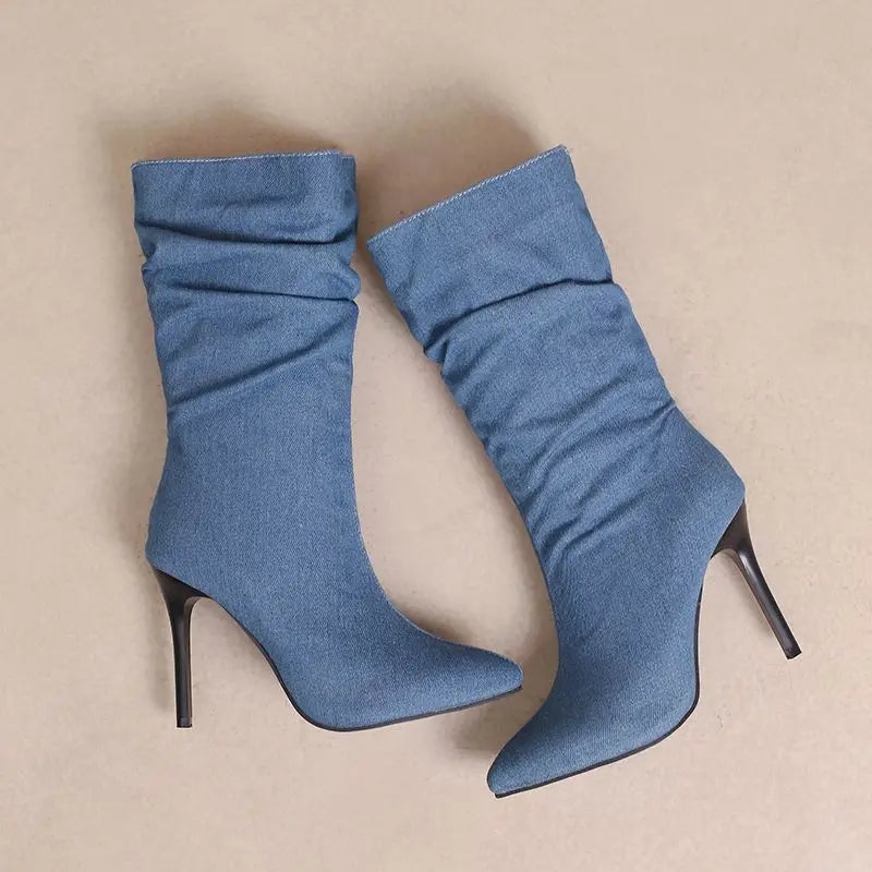 SIMLOVEYO Brand Women Mid Calf Boots Pointed Toe Stiletto 10CM Slip On Sexy Dating Female Booty 43 42 44 45 46 47 48 Black Blue