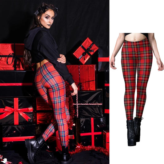 [You're My Secret] 12% Spandex New Year Party Red Tartan 3D Digital Printed Workout Leggings for Women Stretch Pants Trousers