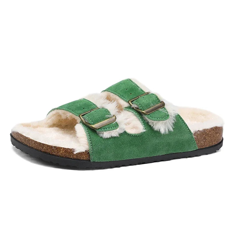Men Women Plush Fur Slippers with Double Buckle Cork Sandals Winter Supper Warm Home Shoes Barefoot Comfort Footbed Sales