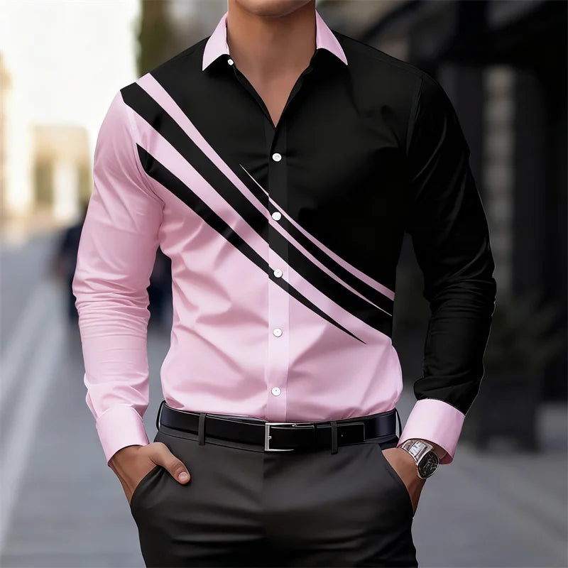 Men's color-blocked striped long-sleeved shirt, slim fit, stylish and unique business casual shirt, trendy new men's top, XS-6XL