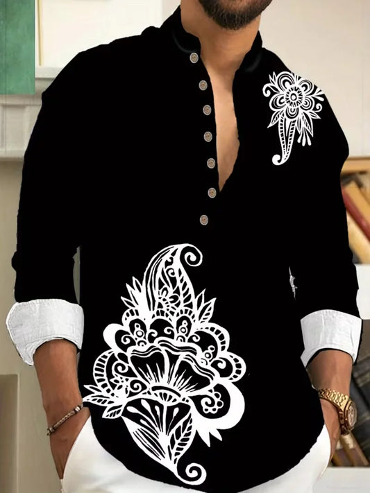 New men's casual Henry collar linen shirt with ethnic flower print men's shirt high-quality top suitable for daily tops