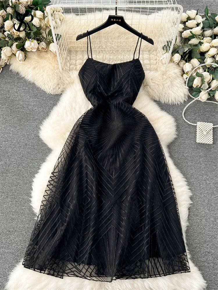 SINGREINY Fashion Temperament Long Dress Spaghetti Strap Sleeveless Design Female Solid Senior Embroidery Mesh Party Dress