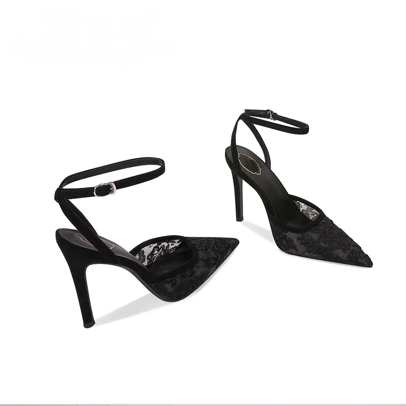 Fashion Luxury High Heels Women Sexy Lace Sandals Mesh Embroider Elegant Pointed Ladies Slingback Party Bridal Shoes Woma