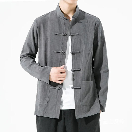 Loose Casual Long Sleeve Men's Shirt Chinese Style Pure Color Tang Costume Top Vintage Spring Autumn Wear Traditional Chinese Fa