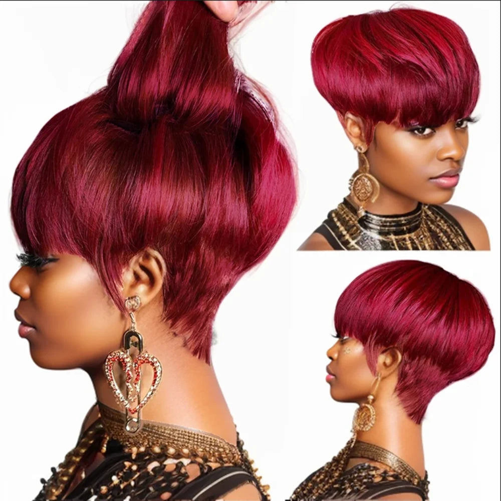 Ombre Orange Color Pixie Short Cut Bob Wig With Bangs Human Hair Wig Brazilian Natural Wig For Women Machine Made Wig