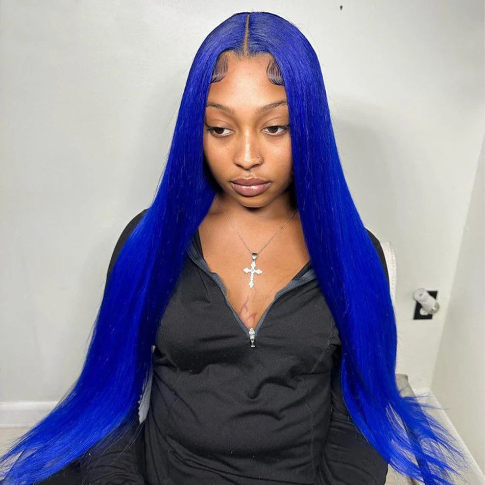 13x4 Sapphire Blue Lace Front Wig Body Wave Human Hair Wigs Dark Blue Color Transparent Pre-Plucked Lace Frontal Wigs For Women