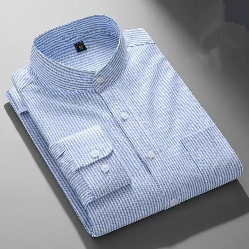 Autumn Mens Business Shirts Long Sleeve Mandarin Collor Oxford Pure Cotton Solid Color Casual Chinese Style Slim Office Top 5XL