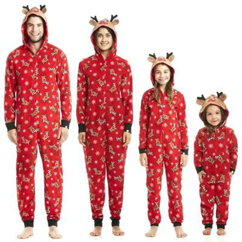 2025 Christmas Cartoon Deer Cute Family Matching Outfit Adults Kids Zipper Jumpsuit Elk Ear Hooded Romper Xmas Look Wear Pijamas