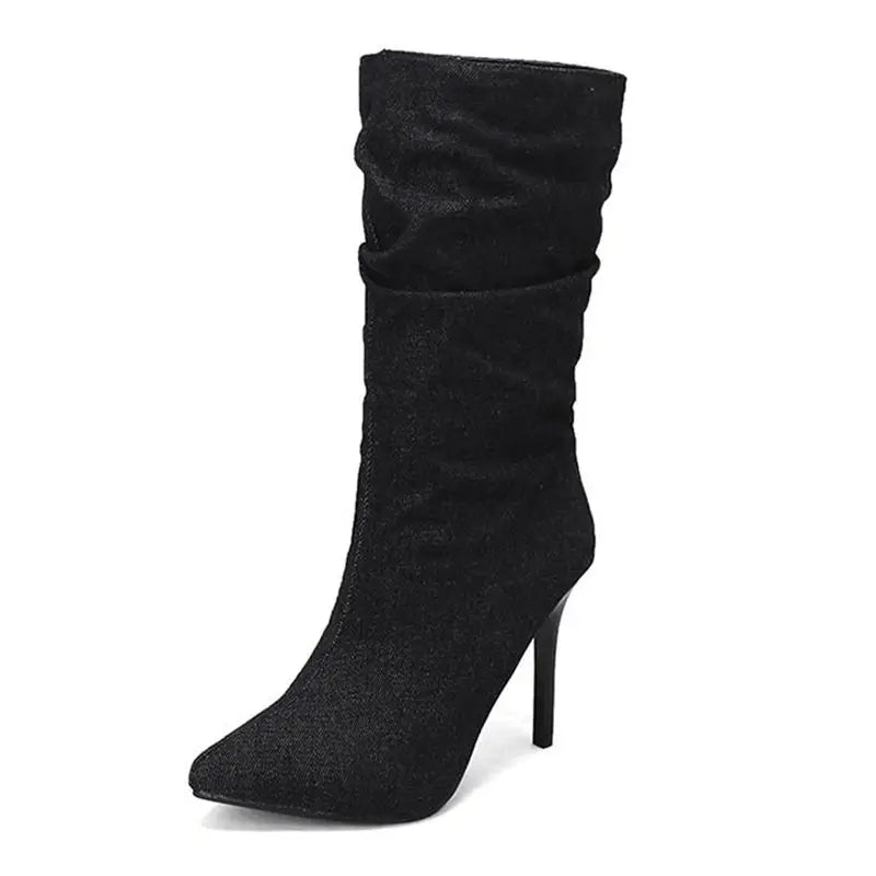 SIMLOVEYO Brand Women Mid Calf Boots Pointed Toe Stiletto 10CM Slip On Sexy Dating Female Booty 43 42 44 45 46 47 48 Black Blue