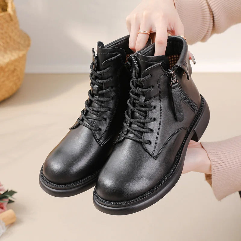 2024 Autumn New Low Heel Bull Muscle Sole Ankle Boots Korean Edition Casual Genuine Leather Women's Boots Warm and Comfortable