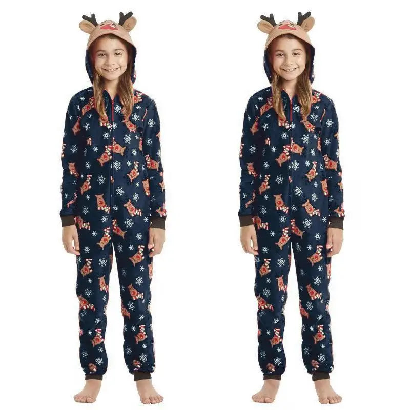 2025 Christmas Cartoon Deer Cute Family Matching Outfit Adults Kids Zipper Jumpsuit Elk Ear Hooded Romper Xmas Look Wear Pijamas