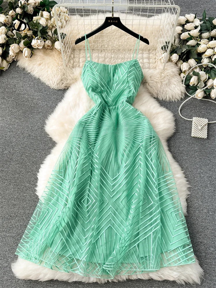 SINGREINY Fashion Temperament Long Dress Spaghetti Strap Sleeveless Design Female Solid Senior Embroidery Mesh Party Dress