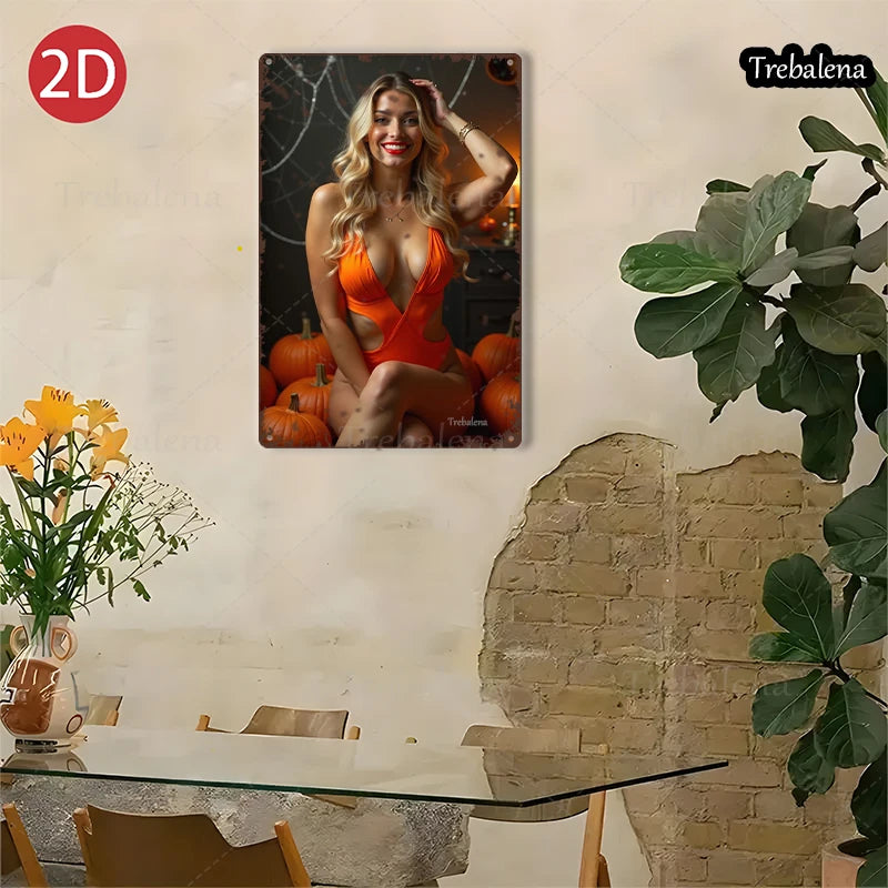 1PC 2D Flat 8*12inch Metal Sign Halloween Glamour Girl in Orange Dress Art Decor