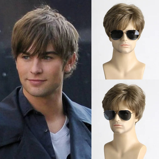 2025 Synthetic Short Brown Wig for Men Natural Looking Fiber Hairpiece Daily Wear Cosplay Party Costume Breathable Lightweight