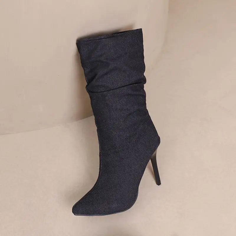 SIMLOVEYO Brand Women Mid Calf Boots Pointed Toe Stiletto 10CM Slip On Sexy Dating Female Booty 43 42 44 45 46 47 48 Black Blue