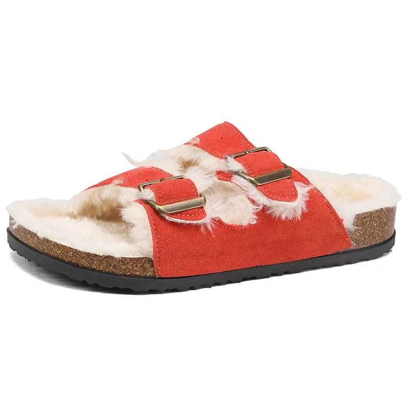 Men Women Plush Fur Slippers with Double Buckle Cork Sandals Winter Supper Warm Home Shoes Barefoot Comfort Footbed Sales