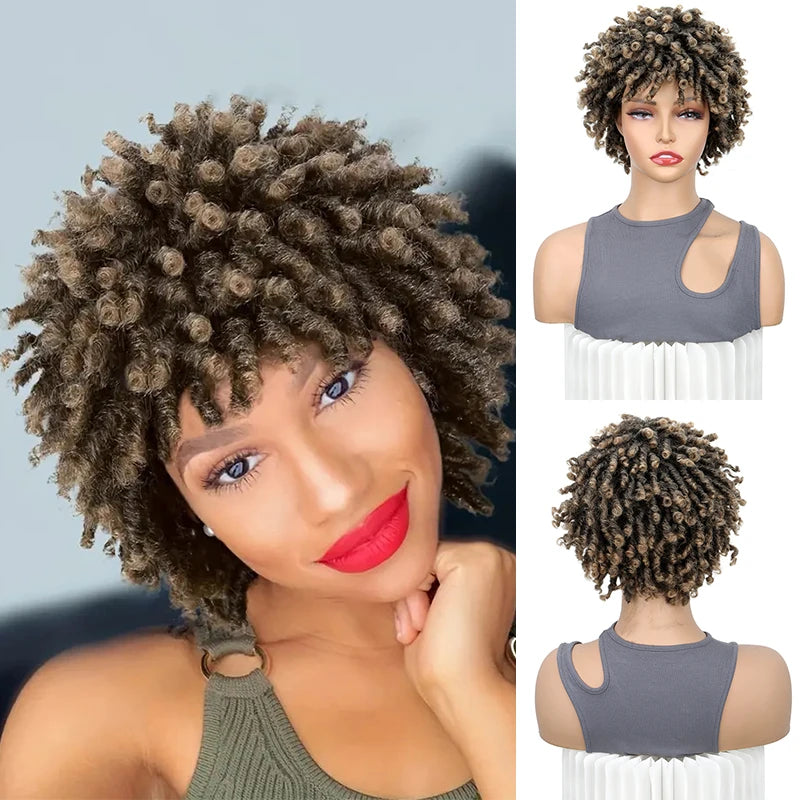 Synthetic Short Dreadlock Wig Afro Curly Twist Wig Faux Locs Wig Kinky Curly Dreadlock Wig for Women Daily Use