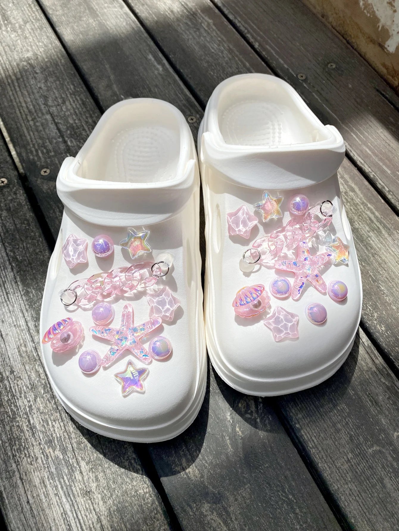 22 pieces of pink chain, sequined starfish, ABS pearl shell, water ripple star shoe buckle DIY accessories, suitable for women's