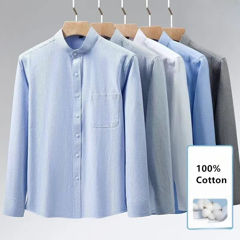 Autumn Mens Business Shirts Long Sleeve Mandarin Collor Oxford Pure Cotton Solid Color Casual Chinese Style Slim Office Top 5XL