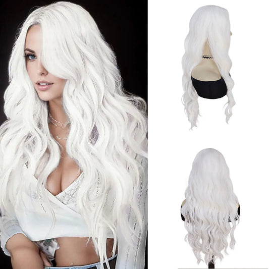 Synthetic Long White Wigs for Women 30 Inch Middle Part Water Wavy Wig for Daily Use Halloween Party Cosplay Natural Looking
