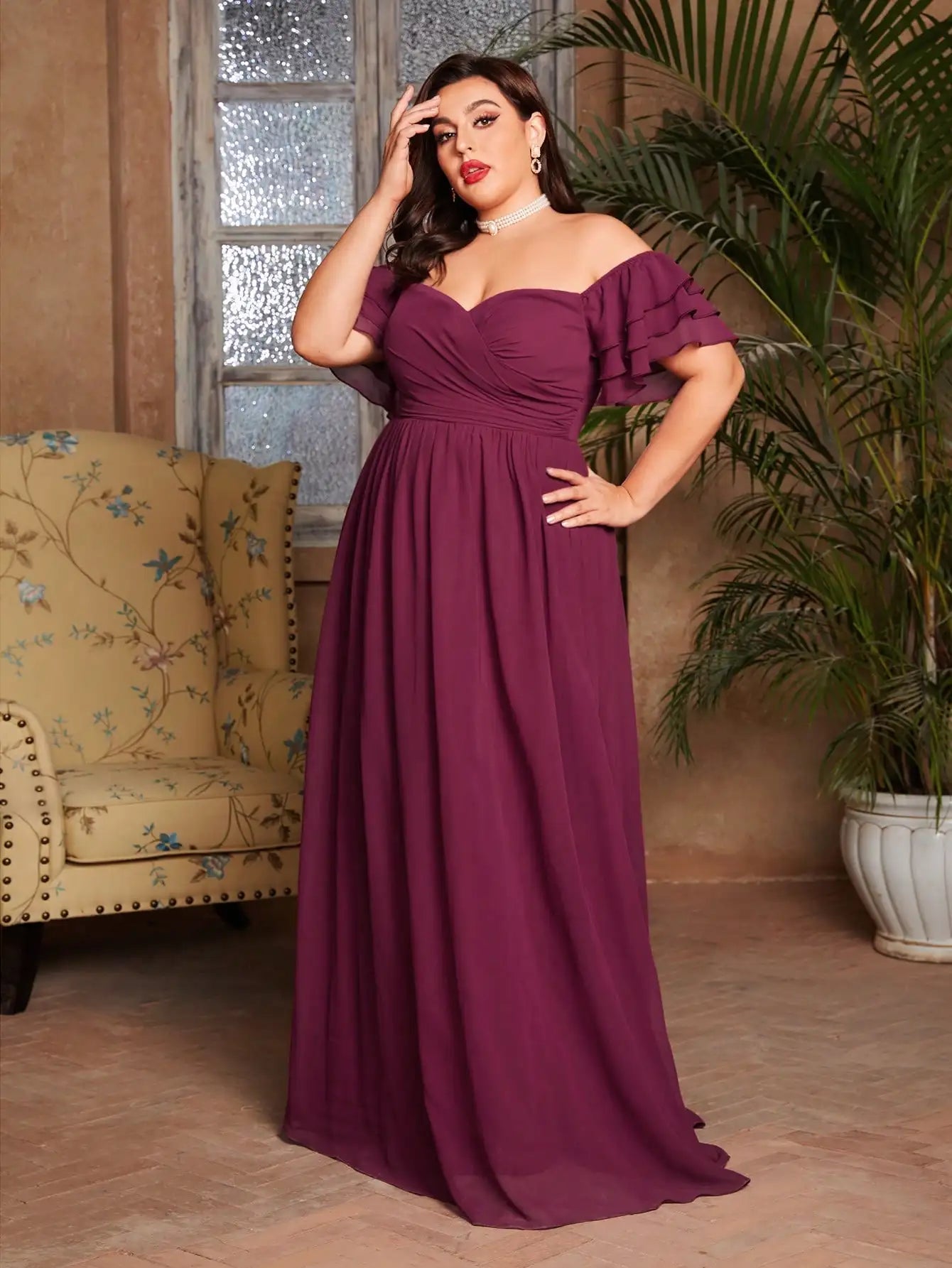Mgiacy plus size Line neck irregular folding multi-layer lotus sleeve chiffon full skirt Evening gown ball dress Party dress