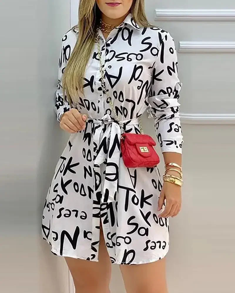 Women Elegant Dress Letter Print Long Sleeve Casual Shirt Dress Summer Vacation Dress For New Year 2025 vestidos de fiesta