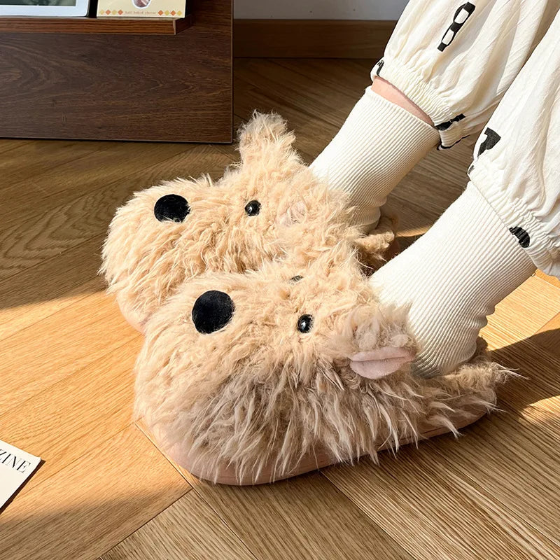 New winter plush slippers women's cartoon dog plush cotton shoes fashion indoor warm home slippers non-slip cotton shoes