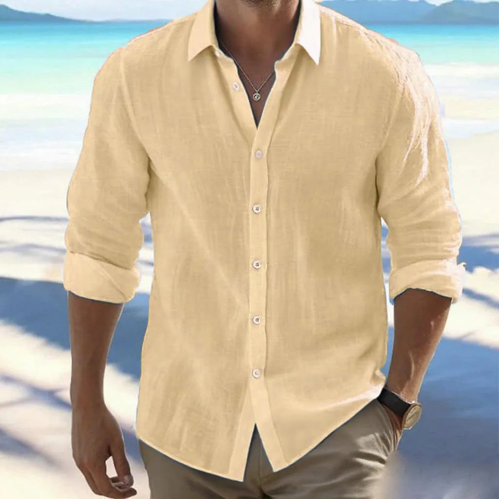 Large Size Cotton Blend Hot Selling Men's Long Sleeved Lapel Shirt Summer Solid Color Stand Up Collar Casual Beach Style