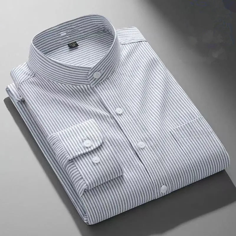 Autumn Mens Business Shirts Long Sleeve Mandarin Collor Oxford Pure Cotton Solid Color Casual Chinese Style Slim Office Top 5XL