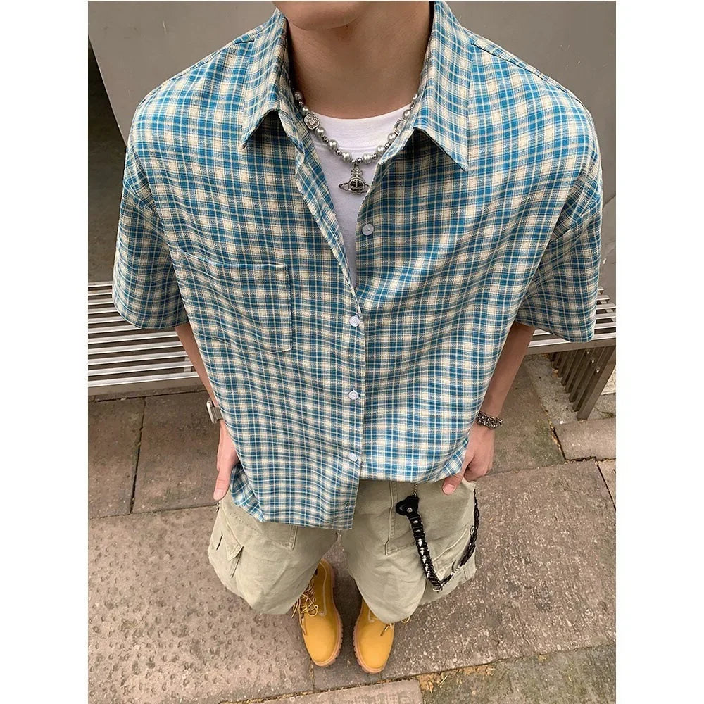 American Retro Plaid Shirt Men's Short Sleeve Summer Casual Trendy Ice Silk Men's High Fashion Brand Handsome Coat