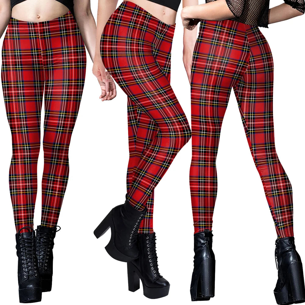 [You're My Secret] 12% Spandex New Year Party Red Tartan 3D Digital Printed Workout Leggings for Women Stretch Pants Trousers