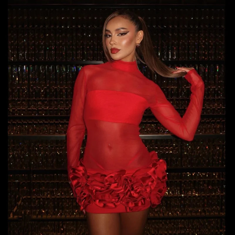 2024 New Sexy Mesh See through Stereoscopic Flowers Red Mini Evening Dress Sweet Woman Birthday Party Dress Performance costume