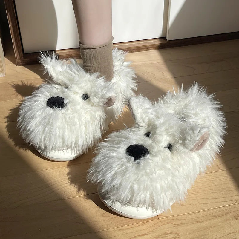 New winter plush slippers women's cartoon dog plush cotton shoes fashion indoor warm home slippers non-slip cotton shoes