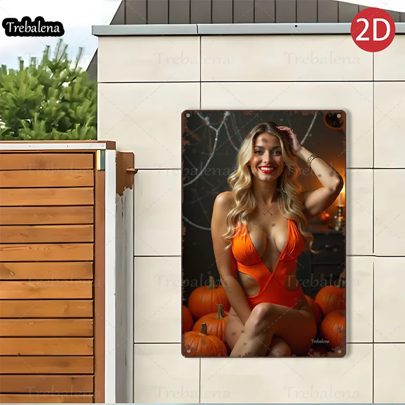 1PC 2D Flat 8*12inch Metal Sign Halloween Glamour Girl in Orange Dress Art Decor