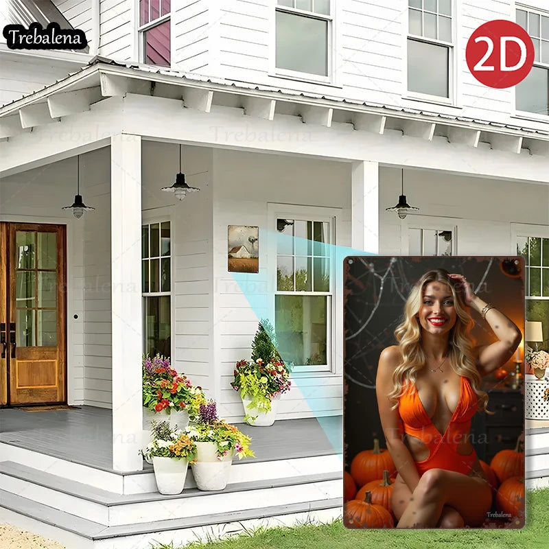 1PC 2D Flat 8*12inch Metal Sign Halloween Glamour Girl in Orange Dress Art Decor
